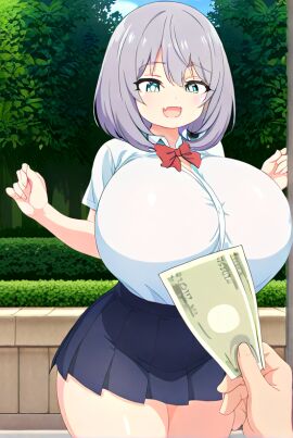 ai_generated blue_eyes female flesh_fang huge_breasts school_uniform schoolgirl silver_hair skin_fang tejina_senpai tejina_senpai_(character)