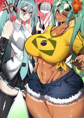 2girls ass big_ass big_breasts big_thighs blush brazil brazilian brazilian_female brazilian_miku breast_size_difference breasts cyan_eyes cyan_hair female female_focus female_only gigantic_ass gigantic_breasts gigantic_thighs hatsune_miku huge_ass huge_breasts huge_thighs kantan latin_american_hatsune_miku_(meme) light-skinned_female light_skin long_hair looking_at_viewer shirt shorts solo sweat sweatdrop sweating tagme tan tan_body thick_hips thick_thighs thighs thong twintails vocaloid yellow_shirt