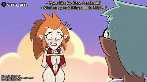 16:9_aspect_ratio 1boy 1girls accurate_art_style arms_behind_back big_breasts blush breasts cleavage clothing cloud cosplay costume dialogue disney disney_channel disney_xd eda_clawthorne english_language english_text fangs female green_hair hero_costume high_resolution imminent_sex large_breasts leotard looking_at_another male momo_yaoyorozu_(cosplay) my_hero_academia navel nervous one-piece_swimsuit orange_hair pointed_ears red_leotard red_one-piece_swimsuit red_swimsuit steca straight subtitled sweatdrop swimsuit text the_owl_house thelazyart thick_legs thick_thighs thighs vampire witch_(the_owl_house)