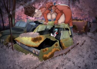 ambiguous_fluids anthro bodily bodily_fluids canid canine canis destruction domestic domestic_dog duo female forest hi_res husky junkyard konofluff male male/female mammal mythological_canine mythological_creature mythology nature nordic_sled_dog overweight overweight_female plant ruly_(husky_boi) rust spitz splatter timber_(disky12397) tree unknown_species vehicle werecanid werecanine werecreature werewolf wolf