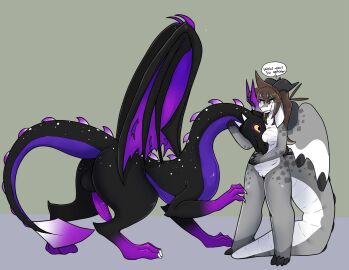 anthro anthro_on_feral back_spikes backsack balls ballsack belly big_tail black_body blade brown_hair bups cheek_spikes dialogue dragon dragon_horn duo facial_spikes fangs female feral floppy_ears folded_wings freckles genitals gradient_claws hair hi_res horn larger_male male male/female markings multicolored_body mythological_creature mythological_scalie mythology nubbed_penis penis petting petting_head purple_belly purple_penis pussy scalie side_butt size_difference speech_bubble spikes spikes_(anatomy) spots spotted_markings spread_wings tail tail_blade teeth text tiredfizz torn_membrane weapon_tail white_belly white_freckles wings x.o_star yellow_sclera zoophilia