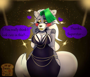 2d 2d_(artwork) 2d_artwork anthro beanontoast big_breasts black_dress blush breasts dress female five_nights_at_freddy's five_nights_at_freddy's:_security_breach fnaf green_hair grey_fur grey_hair makeup modakawa_dress robot_girl roxanne_wolf_(fnaf) scottgames solo steel_wool_studios wolf_girl