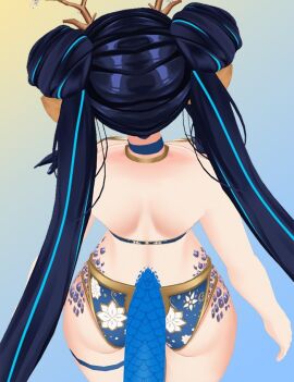 1girls ?syliefel antlers back_view bikini blue_hair female scales twintails virtual_youtuber