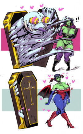 1girls ass ass_expansion before_and_after big_breasts body_transformation boots brainwashing breast_expansion breast_growth breast_growth_(enlargement) breasts cleavage clothed_exposure coffin cosplay costume darkstalkers dazed earrings female female_only femsub figure_transformation gamora gloves green_skin guardians_of_the_galaxy happy_trance heart high_heels hourglass_figure huge_ass huge_breasts kaa_eyes large_breasts leotard lilith_aensland lilith_aensland_(cosplay) long_hair long_tongue marvel marvel_comics mental_transformation mind_control monster navel opera_gloves redfred short_hair smile takeover tentacle thick_thighs thighhighs tongue tongue_out transformation tusks wide_hips wings