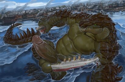 abs anthro balls biceps big_penis building carnak_(carpo) city cityscape claws crocodile crocodilian destruction elkaart erection feet finger_claws genitals green_body hi_res humanoid_genitalia humanoid_penis landscape_dwarfing macro male muscular muscular_anthro muscular_male nude outside paws pecs penile penis pyronite_(commissioner) rampage reptile scalie sea seaside ship sky solo tail teeth toe_claws toes vehicle water watercraft
