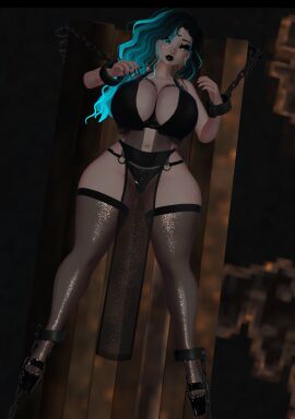 ass big_ass big_breasts black_hair bondage breasts chains cute dm dungeon female girly goth restrained table taller_female thick_thighs vr_headset vrchat vrchat_avatar vrchat_media vrchat_model wood_floor