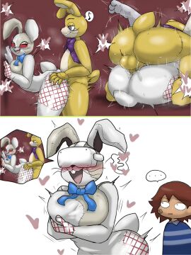 ... bandage blue_bowtie blue_shirt blush brown_hair buckteeth bunny_ears creepy_smile enigi09 female five_nights_at_freddy's five_nights_at_freddy's:_help_wanted five_nights_at_freddy's:_security_breach glitchtrap glitchtrap_possession gregory_(fnaf) male male_villain mating_press musical_note patchwork_skin purple_bowtie red_eyes straight vanessa_(fnaf) vanny_(fnaf) virtual_reality vr_headset whiskers white_body white_fur yellow_body