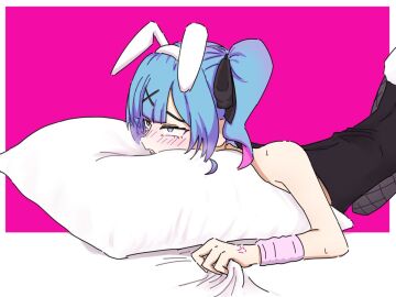 blue_hair blush bunny_ears bunnysuit chirisazu clenching_sheets face_in_pillow female hatsune_miku implied_sex pillow rabbit_hole_(deco*27/caststation) rabbit_hole_(vocaloid) twintails vocaloid