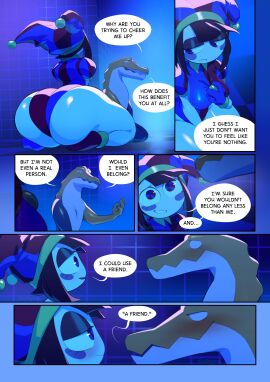 1boy 1girls ass ass_focus before_sex blush blushing_at_partner blushing_female canonical_scene comic dialogue english english_text fat_ass female glitch_productions gummigoo_(the_amazing_digital_circus) imminent_sex jester jester_outfit lizard male pomni_(the_amazing_digital_circus) romantic saltymou scalie the_amazing_digital_circus wholesome