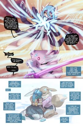 big_breasts black_thong breasts cat_ears comic crying dialogue dialogue_bubble eevee eeveelution english english_text female forehead_jewel fuyuki_(gammainks) gammainks gardevoir generation_2_pokemon generation_3_pokemon glaceon hi_res hug mandy_(gammainks) mega_gardevoir nintendo no_sex pokemon pokemon_(species) sad shiny_pokemon snow sword vanessa_(gammainks)