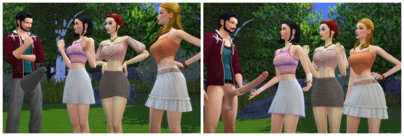 1boy 2024 3d 3girls beard big_penis black_hair blonde_hair bottomless bottomless_male breasts casual casual_exposure clothed_female clothed_female_nude_male curvy_female daytime dress erect_penis erection erection_under_clothes female fit fit_female fit_male fitness forest grabbing grabbing_penis grey_shirt huge_cock light-skinned_female light_skin male male/female matrixsims medium_breasts nude nude_male orange_topwear original_characters outdoors pale-skinned_female pale_skin park penis penis_awe pink_topwear pose posing red_hair sandals surprised surprised_expression sweatshirt tattoo tennis the_sims the_sims_4 white_shirt