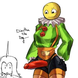 1boy 1girls artist_signature charlatan_(forsaken) clothed diantha_tha_dog dominant_female female female_focus femdom forsaken_(roblox) looking_at_penis male overalls penis ringmaster_(forsaken) roblox roblox_game scared simple_background sketch smug strap-on strapon tagme white_background