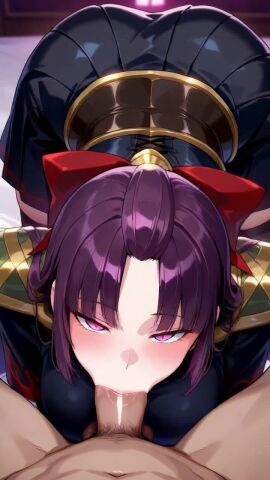 ai_generated blowjob chinese_clothes kimono mato_seihei_no_slave pov_eye_contact purple_eyes purple_hair ribbon shikoku_(mato_seihei_no_slave) tagme video