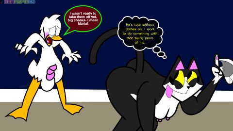 anthro avian bird black_body blue_eyes blush breasts butt_out charlie_panera completely_naked completely_nude confidently_naked corkscrew_penis cute domestic_cat duck embarrassed embarrassed_nude_male enm feline female furry hanging_breasts kenmazu95 looking_down_at_self male maria_grey mooning naked naked_female naked_male nude nude_female nude_male penis pink_nipples playful shocked_expression stealing_clothes tongue tongue_out tuxedo_cat white_body white_feathers white_fur yellow_sclera