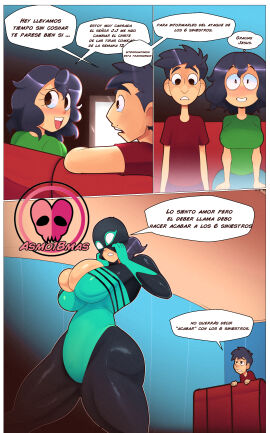 1boy 1girls asmo18mas black_hair bodysuit breasts cuckold elena_(elenamics) elenamics female huge_breasts huge_thighs latina luis_(elenamics) male marvel marvel_comics mexican mexican_female netorare parody parody_porn spandex spandex_suit spanish_text spider-elena spider-girl spider-man spider-man_(series) spider_girl superheroine television thick_thighs translation_request