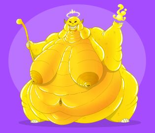 2021 absurd_res areola barefoot belly big_areola big_belly big_breasts big_nipples black_eyes breasts claws debella deep_navel digital_media_(artwork) fat_neck feet female fingers gold_body hi_res holding_object huge_belly huge_breasts huge_nipples humanoid hyper hyper_belly hyper_breasts lips looking_at_viewer magic magic_user monster monstrous_humanoid morbidly_obese morbidly_obese_female multiple_chins mythological_creature mythology navel nipples not_furry nude nude_female obese obese_female ogre overweight overweight_female pointy_ears sharp_teeth simple_background smile smiling_at_viewer solo solo_focus staff standing teeth thick_lips thick_thighs toes wide_hips