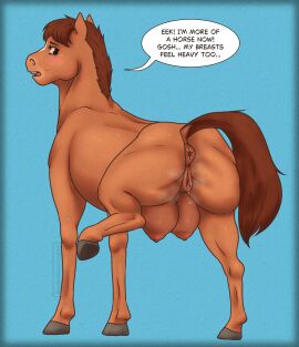 2024 after_transformation animal_genitalia animal_pussy anus ass big_crotchboobs blue_background blush bodily_fluids breasts brown_body brown_hair brown_tail crotch_breasts crotchboobs crotchboobs_visible_through_thighs dialogue dripping english_text equid equine equine_anus equine_genitalia equine_pussy female feral feralized genital_fluids genitals hair hi_res hooves horse mammal netflix non-human_areolae post-transformation puffy_anus pussy pussy_juice_drip simple_background solo tail text transformation vaginal_fluids