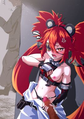 angry annoyed blush breasts eyepatch fake_animal_ears female handjob koleda_belobog masturbation one_breast_out panties pov red_hair rutsu_(0141roots) showing_breasts twintails wise_(zenless_zone_zero) zenless_zone_zero