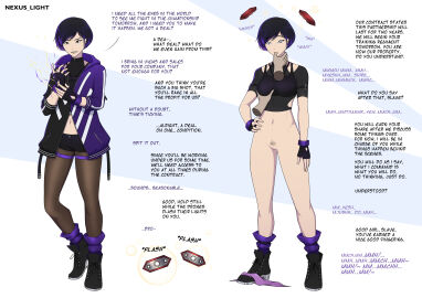 bare_legs black_hair boots bottomless brainwashing breast_fondling breast_grab breasts brown_eyes caption clothed_exposure disembodied_hand drool drooling empty_eyes english_text female femsub finger_sucking fingerless_gloves gloves glowing glowing_eyes groping hand_on_hip hypnosis instant_loss jacket leggings mind_control multicolored_hair navel nexus_light open_clothes phantom_hand purple_hair pussy pussy_juice reina_mishima see-through short_hair shorts sports_bra sportswear standing tech_control tekken tekken_8