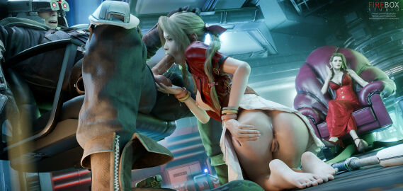 1boy 1girls 2girls 3d aerith_gainsborough anus ass ass_focus asshole balls big_balls big_penis blowjob blowjob_gesture bottomless cum cum_in_mouth fellatio fellatio_gesture female female_focus female_watching final_fantasy final_fantasy_vii final_fantasy_vii_remake fireboxstudio going_commando huge_balls huge_cock human human_male lifting_skirt light-skinned_male light_skin male male/female no_panties oral oral_sex penis penis_in_mouth pussy scarlet_(ffvii) shinra_guard showing_ass showing_off sucking sucking_penis vagina