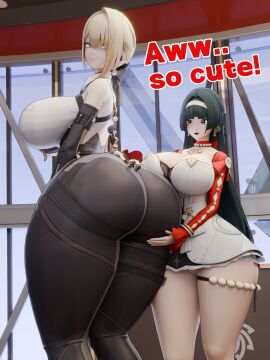 3d 3d_(artwork) 3girls ass astra_yao bangs big_ass big_breasts big_butt bigger_female black-haired_female black_hair blonde-haired_female blonde_female blonde_hair blue-haired_female blue_hair breasts clothed clothed_female decodec evelyn_chevalier extreme_size_difference female giantess height_difference hips large_ass large_boobs large_breasts large_butt large_female larger_female light-skinned_female light_skin long_hair mini_giantess short_hair shorter_female size_difference smaller_female thick_thighs thighs video_game_character weird_proportions wide_hips zenless_zone_zero