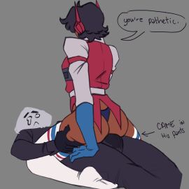 1boy 1girls arched_back ass back_view big_ass big_butt black_hair bottomless brown_butt brown_skin crying crying_with_eyes_open cum cum_in_clothes cum_in_pants degradation degradation_text degrading dominant_female dominated_male domination dry_humping ejaculation ejaculation_under_clothes fat_ass female female/male female_on_top gajinka genderswap genderswap_(mtf) grabbing_thighs grinding hasbro humanformers humanized kotobukiya_bishoujo male mob_face pathetic pathetic_male red_vest rule_63 sad_face shoeless short_hair starscream straight submissive_male text text_bubble thigh_socks thong transformers white_shirt