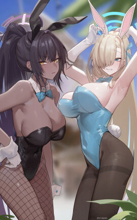 2girls armpits arms_up asuna_(blue_archive) asuna_(bunny)_(blue_archive) big_breasts black_hair blonde_hair blue_archive blue_eyes bowtie breasts bunny_ears bunny_tail bunnysuit chilakkk cleavage collar dark-skinned_female dark_skin female female_only fishnet_stockings fishnets gloves hair_covering_eye hand_on_hip karin_(blue_archive) karin_(bunny)_(blue_archive) leotard light-skinned_female light_skin looking_at_viewer multiple_females multiple_girls pantyhose ponytail sideboob smiling thick_thighs thighs yellow_eyes