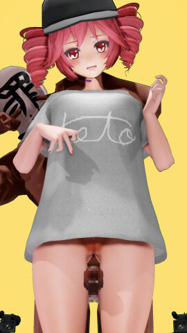 1boy 1girls 3d ass_visible_through_thighs bottomless breasts camera cameras censored censored_penis censored_pussy clothing faceless_male female hat imminent_sex kasane_teto kasane_teto_(sv) looking_at_viewer looking_down low-angle_view male medium_breasts mv_character nail_polish open_mouth override_(synthesizer_v) oversized_shirt painted_nails penis penis_between_thighs petite petite_body petite_female pussy pussy_lips red_eyes red_hair red_nails shirt straight synthesizer_v thick_thighs thigh_sex thighs topwear_only twin_drills utau vagina yellow_background