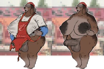 absurd_res anthro apron areola balls bandana bangs basset_hound big_areola big_balls big_breasts big_nipples big_penis bodily_fluids bottomless breasts canid canine canis clothed clothing covered_eyes dizzyknight domestic_dog exhibitionism foreskin futa_only futanari genital_fluids genitals grey_hair hair hi_res hunting_dog intersex kerchief lactating lips long_ears mammal mature_intersex milfm nipples nipples_visible_through_clothing partially_clothed penis penis_visible_through_clothing precum scent_hound shirt solo solo_futa taki-san_(dizzyknight) tenting thick_bottom_lip thick_foreskin thick_penis thick_thighs topwear translucent translucent_clothing translucent_topwear uncircumcised white_clothing white_shirt white_topwear wide_hips