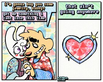 2_panel_comic 5:4 abstract_background aloha_shirt anal anal_plug anal_sex anthro artist_name bingus_(rawdawgcomics) blush blush_stickers bow_tie buttplug buttplug_in_ass buttplug_insertion canid canine canis clothing comic dialogue digital_media_(artwork) domestic_dog duo english_text eye_contact eyelashes fur gem grin hand_holding jewel_buttplug lagomorph leporid looking_at_another male male/male mammal object_in_ass open_mouth open_smile overalls pattern_clothing pattern_shirt pattern_topwear penetration plug_(sex_toy) plug_insertion purple_eyes rabbit rawdawgcomics rawdawgcomics_(series) sex_toy sex_toy_in_ass sex_toy_insertion shirt smile stahli_(rawdawgcomics) teeth text tooth_gap topwear white_body white_fur yellow_body yellow_fur