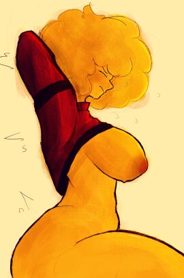 1girls ass big_breasts breasts breasts_out female female_only fluffy_hair harunno roblox self_upload shirt_lift shirt_only shirt_up side_view sideboob sitting stretching sweating tagme thick_thighs yellow_skin