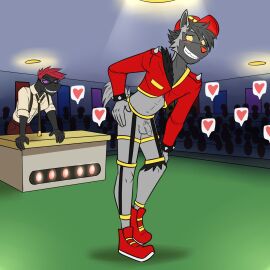 1:1 2024 5_fingers anthro ass audience balls biped black_body black_hair black_skin blush bottomwear bracelet clothing contest costume desk duo eyewear fashion fashion_show fingers flaccid footwear foreskin front_view fur furniture fuze generation_3_pokemon generation_7_pokemon genitals glasses grey_balls grey_body grey_foreskin grey_fur grey_penis grey_pubes grin group hair hand_on_ass hand_on_butt hands_on_table hat headgear headwear heart_symbol hi_res humanoid_genitalia humanoid_penis inside jewelry leaning leaning_forward male navel nintendo orange_nose pantsless_anthro pantsless_male pawl_(fuze) penis pokemon pokemon_(species) pokemorph poochyena presenting presenting_hindquarters pubes purple_eyes purple_sclera red_bottomwear red_clothing red_footwear red_hair red_hat red_headwear red_shirt red_shoes red_shorts red_topwear salandit shadow sharp_teeth shirt shoes shorts smile spiked_bracelet spikes standing table teeth topwear uncircumcised white_clothing white_shirt white_topwear window yellow_sclera