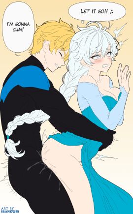 1boy 1boy1girl 1girls arms_around_waist ass batman_(series) blonde_hair blue_eyes blush breasts clothed clothed_sex clothing cosplay crossover dc dc_comics disney doggy_style dress elsa_(cosplay) elsa_(frozen) female frozen_(film) ibanews1 jaune_arc long_hair male medium_breasts nightwing nightwing_(cosplay) rwby scar_on_face sex straight text weiss_schnee white_hair