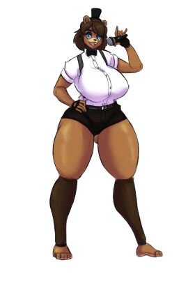 big_breasts booty_shorts bowtie breasts collared_shirt enormous_breasts female five_nights_at_freddy's freckles freddy_(fnaf) hand_on_hip huge_breasts hxveuseenmypen large_breasts massive_breasts microphone rule_63 solo top_hat