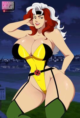 1girls 2024 2d 2d_(artwork) artist_name big_breasts breasts breasts_bigger_than_head busty city_background curvy curvy_body curvy_female curvy_figure deviantart_link female female_only garter_belt garter_straps ghostlessm giant_breasts green_legwear hand_on_head hand_on_hip highleg highleg_leotard hourglass_figure huge_breasts leotard light-skinned_female light_skin looking_at_side looking_away_from_viewer marvel marvel_comics night night_sky patreon_logo patreon_username red_lips red_lipstick revealing_clothes rogue_(x-men) smile smiling solo strapless strapless_leotard superheroine thick_thighs two-tone_hair two-tone_leotard voluptuous voluptuous_female wide_hips x-men x-men_97