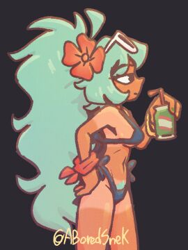 aboredsnek bikini brazilian_miku breasts bush curvy female flower_in_hair hairy_pussy hand_on_hip hatsune_miku pussy slim sunglasses tan_lines tan_skin turquoise_hair vocaloid