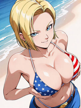 1girls 4k 4k_resolution 8k ai_generated american_flag_bikini android android_18 android_girl beach beachside beautiful beautiful_female bikini bikini_top blonde_hair blue_eyes dragon_ball dragon_ball_super dragon_ball_z earrings female female_focus grabbing_breasts grabbing_own_breast hi_res high_resolution hires looking_at_viewer outdoors outside short_hair smile smiling smiling_at_viewer solo_female tagme upscaled