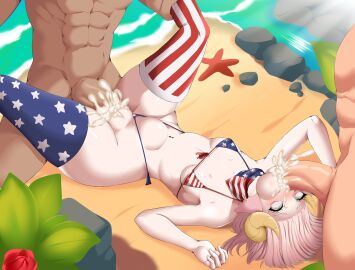 1girls 2boys abs american_flag american_flag_bikini beach bikini bikini_aside blush breasts cheek_bulge clothed_female_nude_male commission cum cum_in_mouth cum_in_pussy cum_inside curvy double_penetration erection fellatio female forced_oral front-tie_bikini green_eyes haarmades hi_res horned_humanoid horns hourglass_figure huge_cock leg_grab legs_held_open lying male medium_hair micro_bikini muscular muscular_male neckerchief nipple_bulge nude nude_male on_back oral original original_character outdoors overflow penis pink_hair pussy sex side-tie_bikini small_breasts spitroast stomach_bulge straight swimsuit swimsuit_aside thigh_boots thighhighs threesome two_on_one uncensored vaginal_penetration veiny_penis water wide_hips