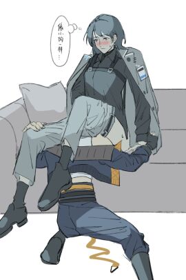 2girls between_legs black_footwear black_gloves black_hair black_shirt blue_jacket blue_pants blush chest_strap chief_(path_to_nowhere) cinnabar_(path_to_nowhere) closed_mouth clothes_pull coat coat_on_shoulders collared_shirt couch cunnilingus cushion earrings female female_chief_(path_to_nowhere) fingerless_gloves gloves grey_coat grey_pants hakson777 highres jacket jewelry kneeling long_hair long_sleeves multiple_females multiple_girls on_couch open_clothes open_jacket oral pants pants_pull path_to_nowhere shirt simple_background sitting sweatdrop tank_top thought_bubble translated white_background white_tank_top yuri