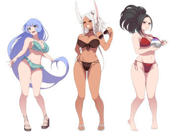 3girls :d :t abs alternate_costume alternate_hairstyle animal_ears aqua_bikini aviator_sunglasses barefoot big_breasts bikini bikini_skirt black-haired_female black_bikini black_choker black_eyes black_hair blue-haired_female blue_eyes blue_hair boku_no_hero_academia bowl breasts chocolate_and_vanilla choker cleavage collarbone commentary criss-cross_halter dark-skinned_female dark_skin eyewear_removed feet female female_only food frilled_bikini frills front-tie_bikini_top front-tie_top full_body hado_nejire hair_between_eyes halterneck hand_on_own_hip highres holding holding_bowl holding_removed_eyewear huge_breasts kopam light-skinned_female light_blue_hair light_skin long_eyelashes long_hair looking_at_viewer mirko miruko momo_yaoyorozu multiple_females multiple_girls my_hero_academia nail_polish navel nejire_hado open_mouth parted_bangs ponytail pout rabbit_ears rabbit_girl red_bikini red_eyes sandals shaved_ice side-tie_bikini_bottom simple_background smile spoon stomach sunglasses sweatdrop swimsuit symbol-only_commentary thick_thighs thigh_gap thighs toenail_polish toenails toes toned toned_female unworn_eyewear very_long_hair white-haired_female white_background white_hair yaoyorozu_momo