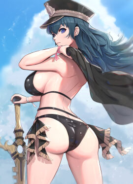 1girls alternate_costume ass big_ass bikini black_bikini black_hat black_swimsuit blue_eyes blue_hair blue_sky breasts byleth_(fire_emblem) byleth_(fire_emblem)_(female) closed_mouth cloud day female female_only fire_emblem fire_emblem:_three_houses from_behind gonzarez hat highres holding holding_sword holding_weapon large_breasts long_hair looking_at_viewer nintendo official_alternate_costume outdoors sideboob sky solo standing swimsuit sword teal_hair weapon
