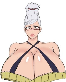 1girls ayase_seiko big_breasts breasts breasts_bigger_than_head brown_hair dandadan female female_only gilf glasses hair_tie large_breasts lips looking_at_viewer momiji_(artist) solo solo_female tagme twitter_link white_hair