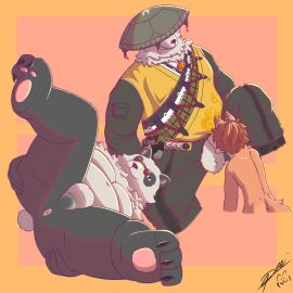 anthro balls bear black_body breasts canid canine canis clothed clothing demi_owo domestic_dog duo fur genitals giant_panda hair hi_res husky male male/male male_only mammal nordic_sled_dog nude oral pan_yinhu panda penis sex simple_background size_difference spitz white_body white_fur