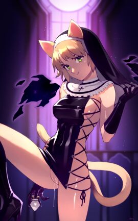 1girls anal_plug animal_ears blonde_hair breasts bunny_and_fox_world butt_plug buttplug cat_ears cat_tail cross-laced_clothes elbow_gloves female female_only frills gloves green_eyes grool habit highres looking_at_viewer mini_wings nun optionaltypo original pussy pussy_juice sapphicneko_(sapphicneko) sex_toy sideboob skindentation smile solo solo_female tail wings