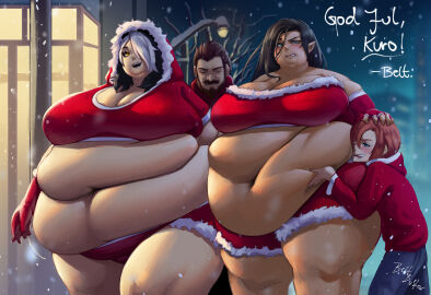 2boys 2girls annoyed_expression belly belly_fat belly_fetish belly_focus belly_grab belly_grope belly_overhang belt-buster big_belly christmas_outfit deep_navel exposed_fat_belly fat fat_belly fat_female fat_fetish fat_rolls fat_thighs female female_focus flabby_arms flabby_belly flabby_legs morbidly_obese_female obese overweight_female pervert