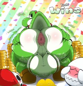 1boy absurd_res anthro anus ass backsack balls balls_clench ballsack bent_over big_balls blush boo_(mario) clothing coin coins english_text footwear footwear_only gold_(metal) gold_coin green_body green_skin green_yoshi half-closed_eyes hi_res huge_balls koopa koopa_troopa male male_only mario_(series) mario_party mask mostly_nude mrt0ony narrowed_eyes nintendo open_mouth open_smile perineum presenting presenting_anus presenting_balls presenting_hindquarters scalie shoes shoes_only shy_guy shyguy smile solo_focus sound_effects spread_ass spread_butt spreading squat squatting super_mario_bros. testicles testicles_clench text white_body white_skin yoshi