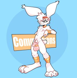 absurd_res anthro arm_tuft balls balls_ring bedroom_eyes blue_background bracelet collar crown english_text flaccid foreskin fur genitals gold_(metal) gold_anklet gold_bracelet gold_cock_ring gold_collar gold_jewelry gold_ring gold_tiara gold_toe_ring hair hair_over_eye half-closed_eyes headgear hi_res humanoid_genitalia humanoid_penis jewelry jewelry_only king_caspian_(xing1) lagomorph leporid male mammal metal_collar narrowed_eyes penis rabbit royalty seductive shoulder_tuft simple_background smile smirk smug smug_face smug_grin text tuft uncircumcised white_body white_fur white_hair xing1