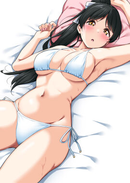 armpits bare_arms bare_belly bare_legs bare_shoulders bare_thighs bed bed_sheet belly_button big_breasts bikini black_hair blush breasts cleavage collarbone female groin hair_ribbon hazuki_ren head_on_pillow long_hair love_live! love_live!_superstar!! lying ponytail side-tie_bikini_bottom sideboob sweat thighs underboob white_bikini yellow_eyes yopparai_oni