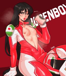 1boy beer black_eyes black_hair blush bodysuit erection erection_under_clothes femboy feminine_male genderswap genderswap_(ftm) girly golden_boy hi_res loggus_doggus long_hair looking_at_viewer male male_only one_eye_closed penis penis_bulge race_queen red_lipstick reiko_terayama rule_63 sitting solo sweat thick_thighs unzipped unzipped_bodysuit
