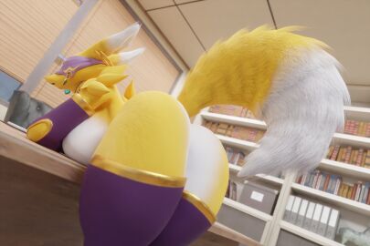 1girls 2024 3d 3d_(artwork) anthro anthro_only anthrofied arm_warmers ass bandai_namco bending_over big_ass big_breasts big_butt big_thighs breasts covered_eyes digimon digimon_(species) earrings female female_only fever-dreamer fur furry furry_only hi_res highres large_ass large_butt long_ears mammal office office_chair purple_thighhighs renamon renamon_(dogzeela) sideboob tail thick_tail thick_thighs thighhighs thighs
